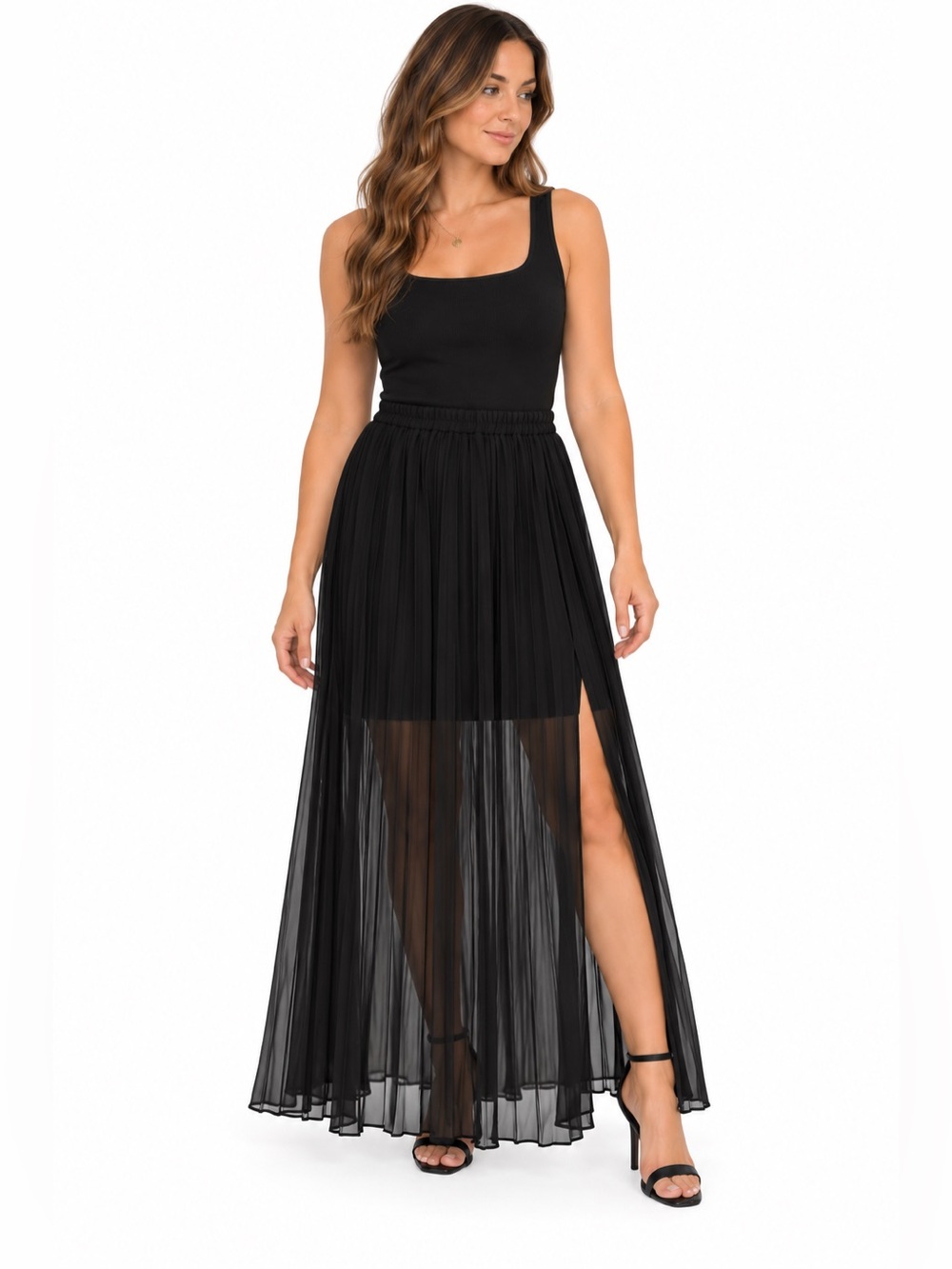 Icone Skirt Womens Medium Black Pleated Chiffon Sheer Overlay Maxi Elastic Waist